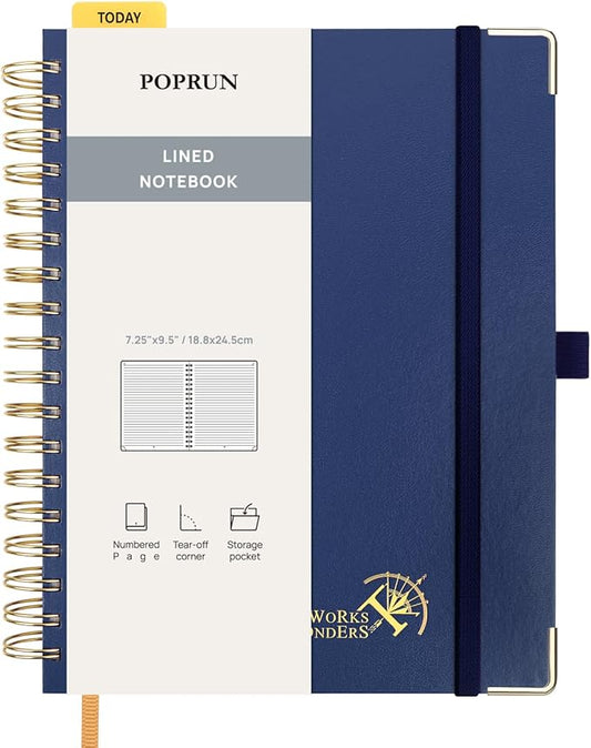 POPRUN Lined Spiral Journal Notebook for Women & Men, 7-1/4" x 9-1/2", 220 Numbered Pages, College Ruled Hardcover Notebook for Work, Journals for Writing, 120 GSM Thick Paper - Navy Blue