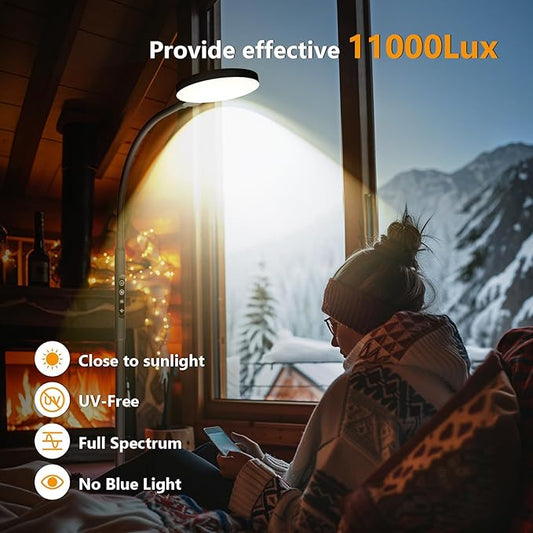 Light Therapy Lamp, 3 in 1 Therapy Floor Lighting, 11000 Lux Full Spectrum Therapy Lamps, UV-Free LED Sunlight, 10 Brightness/5Color/Gooseneck/Height Adjustable with Timer Control, Black