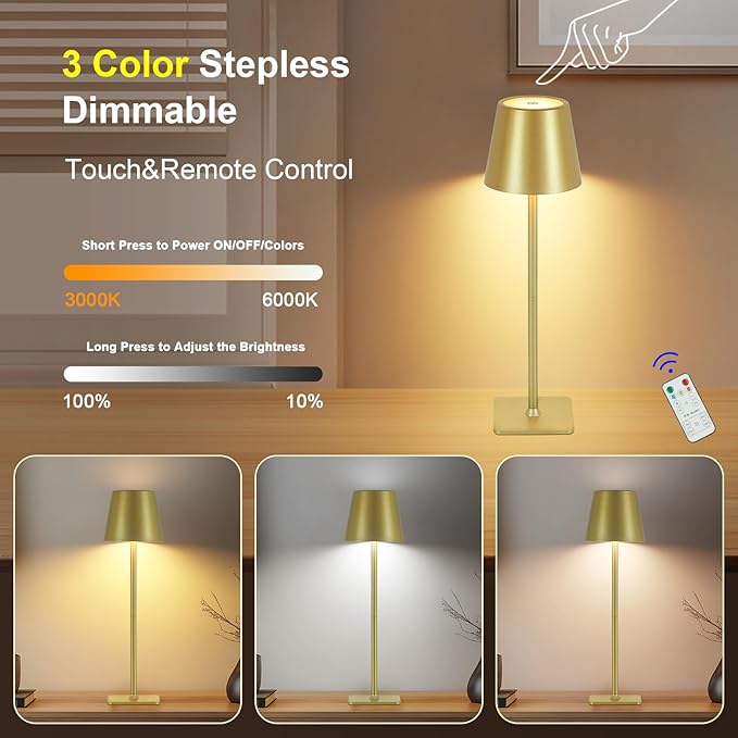 Rechargeable Cordless Table Lamp with Remote 2 Pack, 5200mAh Battery Operated Desk Lamp with Timer, 3-Color Stepless Dimming Wireless Desk Lamp, Portable Table Lamp for Bedroom Restaurant (Gold)
