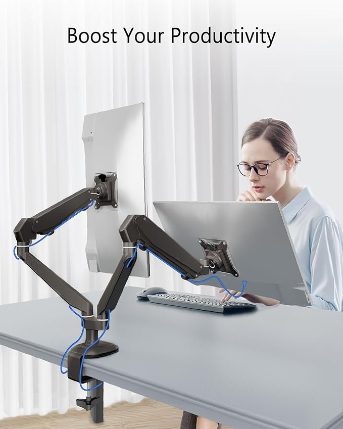 Dual Monitor Mount for 2 Screens up to 32 Inch and 19.8 lbs, Fully Adjustable Gas Spring Monitor Arm Desk Mount, Vesa Monitor Mount with C Clamp, Grommet Base, Aluminum, Black