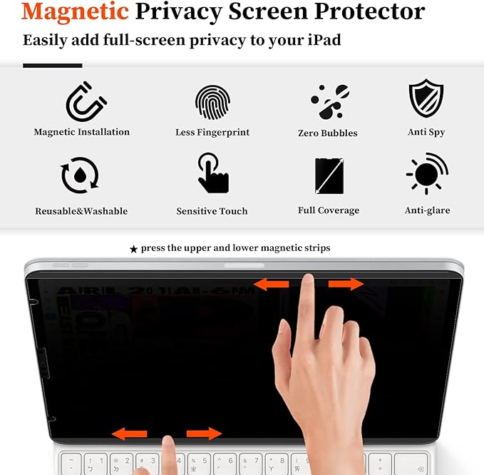 360° Magnetic Privacy Screen Protector for iPad 10.2" 9th/8th/7th Gen (2021 2020 2019), Anti Glare iPad 10.2 inch Privacy Filter, High Sensitive Bubble Free