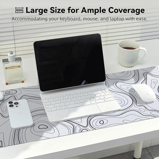 Waterproof Large Gaming Mouse Pad with Durable Stitched Edges, Non-Slip Rubber Base, Smooth Surface Mouse Mat Desk Pad for Home Office Gaming, 31.5"x11.8"x0.12", White Topographic Map
