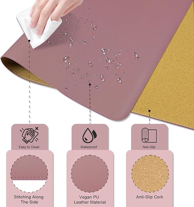 Non Slip Desk Mat, 31.5" x 15.7" PU Leather Desk Pad, Cork Desk Mat for Desktop, Desk Pad for Keyboard and Mouse, Ideal for Office and Home, Purple Pink