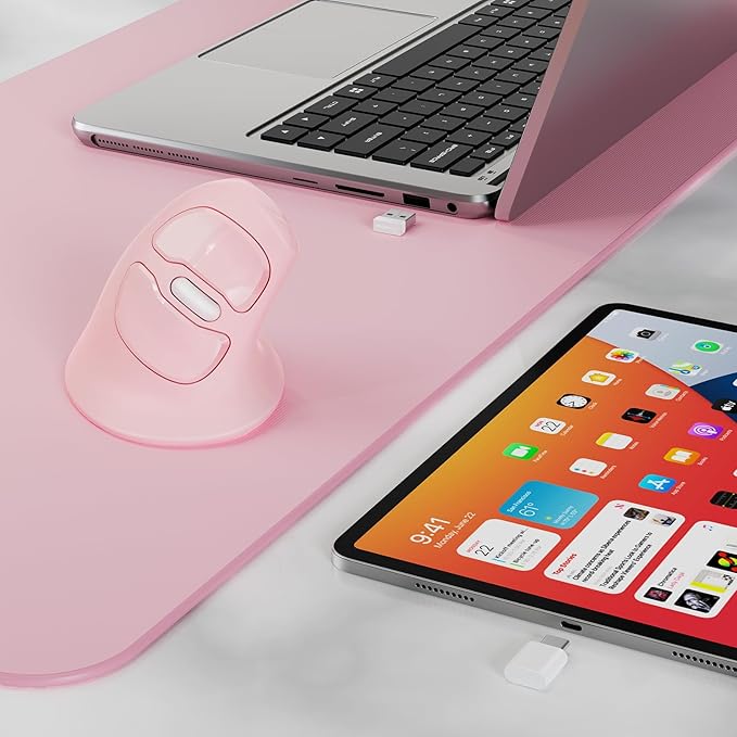 MicroPack Ergonomic Mouse, Vertical Wireless Mouse with USB A & Type-C Receiver, Ergo Design Reduces Muscle Strain, 6 Buttons 800/1200/1600 DPI Mouse for Windows, Mac, PC, Laptop, Pink