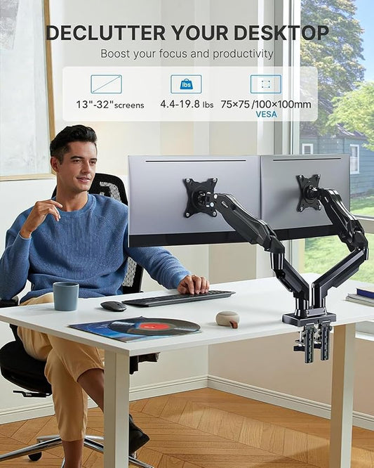 HUANUO Dual Monitor Stand - Full Adjustable Monitor Desk Mount Swivel Vesa Bracket with C Clamp, Grommet Mounting Base for 13 to 32 Inch Computer Screens - Each Arm Holds 4.4 to 19.8lbs