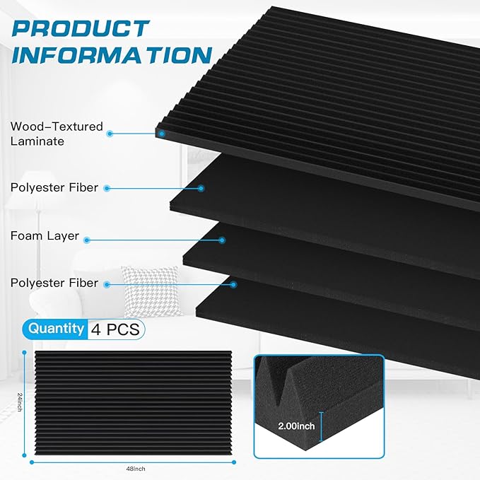4 PCS Acoustic Panels,48''X24''X2'' Soundproof Foam Wall Panels,High Density Fireproof Noise Cancelling Foam Studio Foam Panel,Noise (Black-4 Pack)