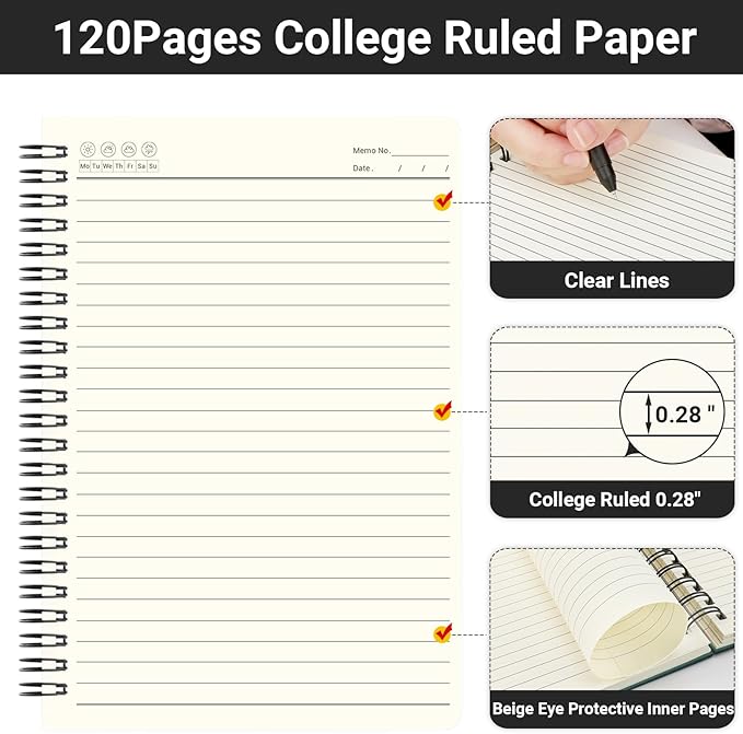 EUSOAR Spiral Notebooks, 12 Packs A5 5.5"x8.3" 120 Pages Hardcover Lined Travel Writing College Ruled Notebooks, Memo Notepad Sketchbook, Students Office Business Subject Diary Book Journal-Dark green