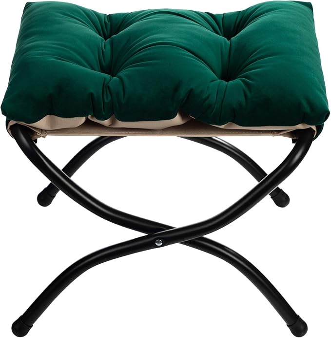 HollyHOME 15"(H) Folding Footrest Stool, Upholstered Small Foldable Ottoman, Accent Padded Sofa Foot Stool for Lazy Chair, Metal Frame Portable Foot Rest Ottoman for Home, Living Room, Bedroom, Green
