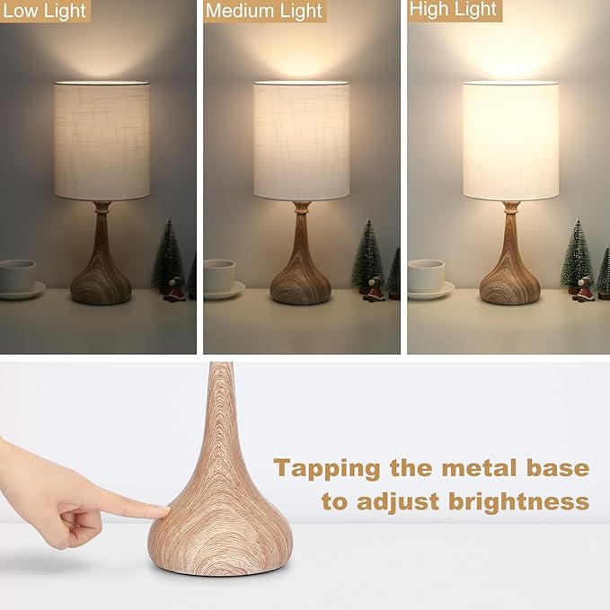 Dimmable Small Table Lamp, Bedside Lamps Touch Control for Bedrooms Nightstand with Wood Grain Base, Desk Lamp Night Light for Office Living Room, 9W 3000K LED Bulb Included
