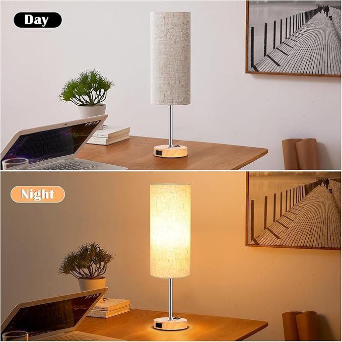 ZJOJO Table Lamp for Bedroom 2 Pack,18in Bedside Lamps with 3 Way Dimmable Rocker Switch & AC Outlet,Nightstand Desk Lamp with Flaxen Fabric Shade Woodgrain Base for Living Room Home Decor Lights