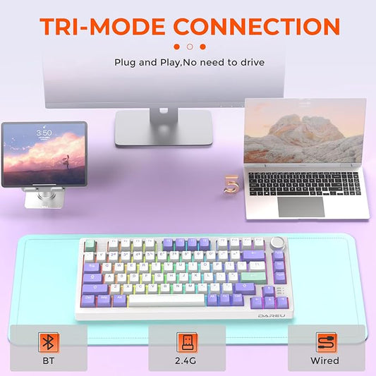 DAREU EK75PRO Wireless Gaming Keyboard,75% RGB Hot-Swappable Creamy Mechanical Keyboard with Knob, 2.4Ghz/BT5.1/USB-C Connectivity, 81 Keys Gasket Mount, PBT Keycaps&Linear Switch for Win/MAC