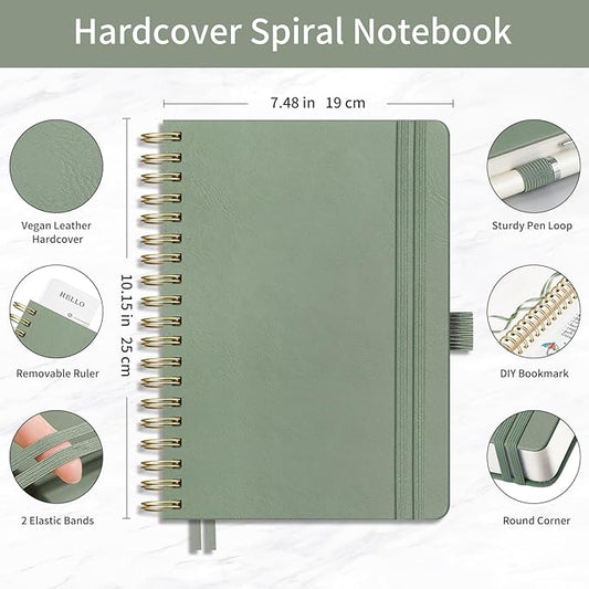 EMSHOI Bullet Dotted Journal Spiral Notebook - 300 Pages, B5 Hardcover Leather, 100 GSM Thick Dot Grid Notebook for Women Men Work Writing, Bullet Journaling, Drawing, 7.48" x 10.15", Light Green