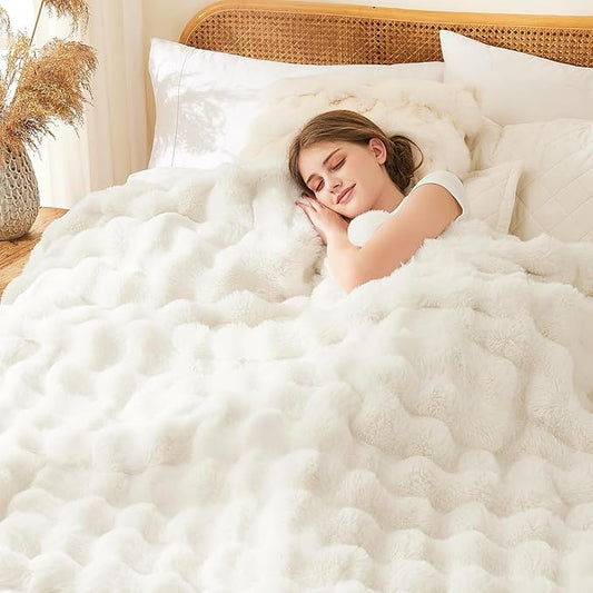 L'AGRATY Faux Fur Throw Blanket: 50" x 60" Luxury Soft Fluffy Thick Rabbit Fur Blankets for Couch Bed Sofa - Cozy Plush Bubble Blankets for Winter: Warm Flannel Fleece Decorative Blanket(Cream White)