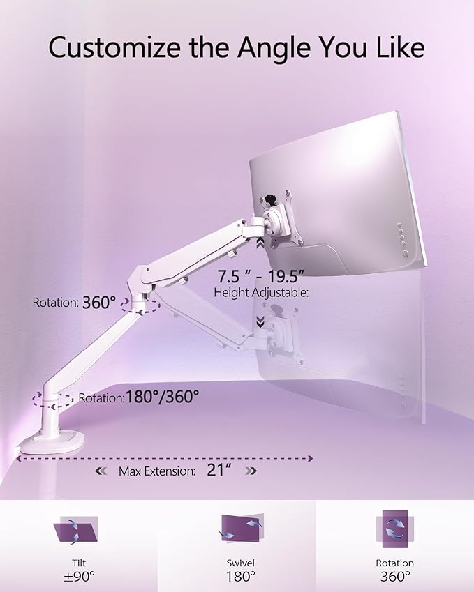 Single Monitor Arm for Screens up to 32 Inch and 19.8 lbs, Fully Adjustable Gas Spring Monitor Arm Desk Mount, 75/100 mm Vesa Mount, Aluminum, White