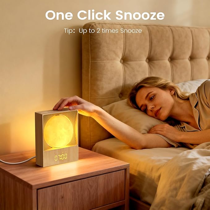 Sunrise Alarm Clock, 360-Degree Rotating Moon Lamp & 10 White Noise Sounds, Dual Alarm & Snooze for Heavy Sleeper, Timer, Wooden Bedroom Light Gift - Wood
