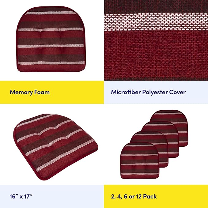 Sweet Home Collection Chair Cushion Memory Foam Pads Tufted Slip Non Skid Rubber Back U-Shaped 17" x 16" Seat Cover, 2 Count (Pack of 1), Bradford Burgundy