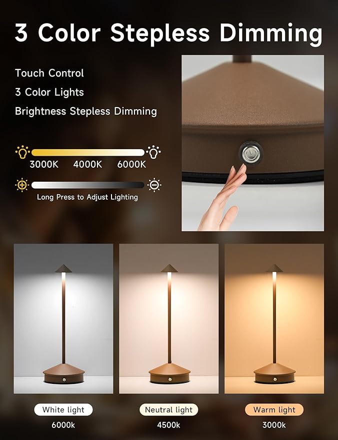 Cordless Table Lamps,LED Rechargeable Desk Lamp,Portable Modern USB Battery Operated Lights,Outdoor Waterproof Touch Dimmable,for Patio,Restaurant,Bar,Camping,Dining Home Set of 2 Brown