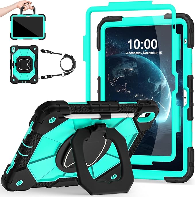 Case for iPad (A16) 11th/10th Generation 2025/2022,Kids Friendly iPad Case 10th Generation with Rotating Stand Screen Protector,Shockproof Cover for i Pad 11.0/10.9 Inch C ase,Black Mint