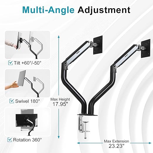 Lyngins Dual Monitor Stand, 17-32 inch Monitor Mounts for 2 Computer Screens, VESA Mount with 75/100 mm, Each Arm Supports Up to 20.94 lbs, Double Monitors Arm Desk Mount - Black
