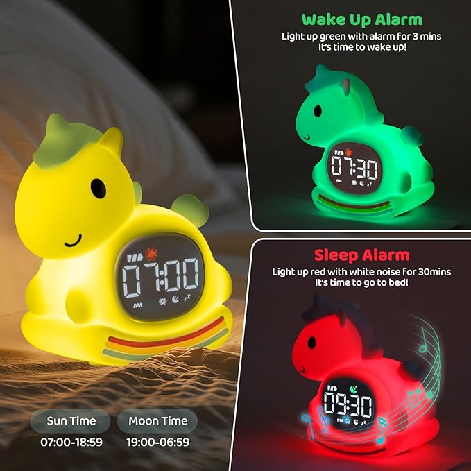 Alarm Clock with Night Light for Kids with Sleep Training and Sound Machine, Rechargeable Silicone Lamp OK to Wake Clock,Cute Animal Tabletop Lamp, Perfect Sleep Companion for Boys Girls,Blue Pony