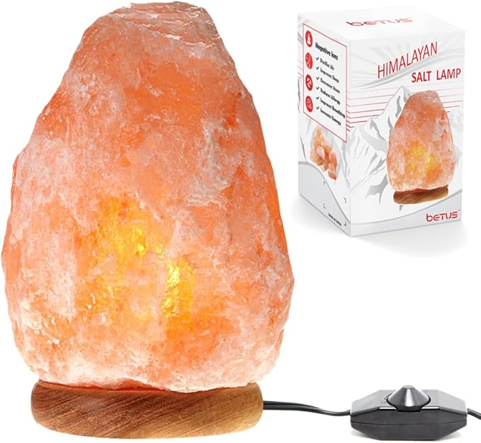Betus [Natural Crystal Himalaya Salt Lamp Hand Carved on Wood Base with Dimmable Cord and Light Bulb - 8 to 9 Inches Height, 8 to 11 Pounds
