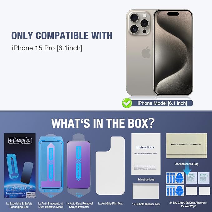 2-Pack Anti Blue Light Matte Screen Protector for iPhone 15 Pro, 9H Tempered Glass, Full Coverage, Anti-Fingerprint, Auto Dust-Elimination, No Bubble, Easy Installation