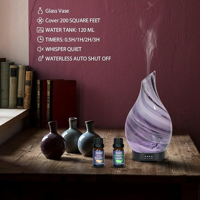 Oil Diffuser & Essential Oils Set - Aromatherapy Diffuser with 6 Essential Oils Set, Ultrasonic Cool Mist Oil Diffusers for Essential Oils, 4 Timer & 7 LED Light, Waterless Auto Shut-Off