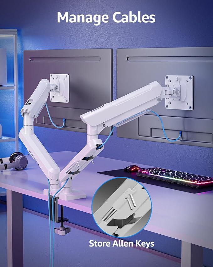 Dual Monitor Mount for 32 27 24 22inch Screens, Gas Spring Monitor Stand for 2 Monitor, Full Adjustable Monitors Desk Mount with C-Clamp&Grommet Base, Each Arm Holds 4.4-22 lbs, Freelift Pro White