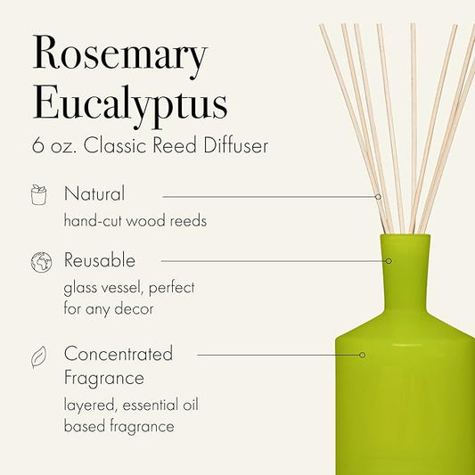 LAFCO New York Classic Reed Diffuser, Rosemary Eucalyptus - 6 oz - Up to 3 Months Fragrance Life - Reusable Glass Vessel - Natural Wood Reeds - Made in The USA