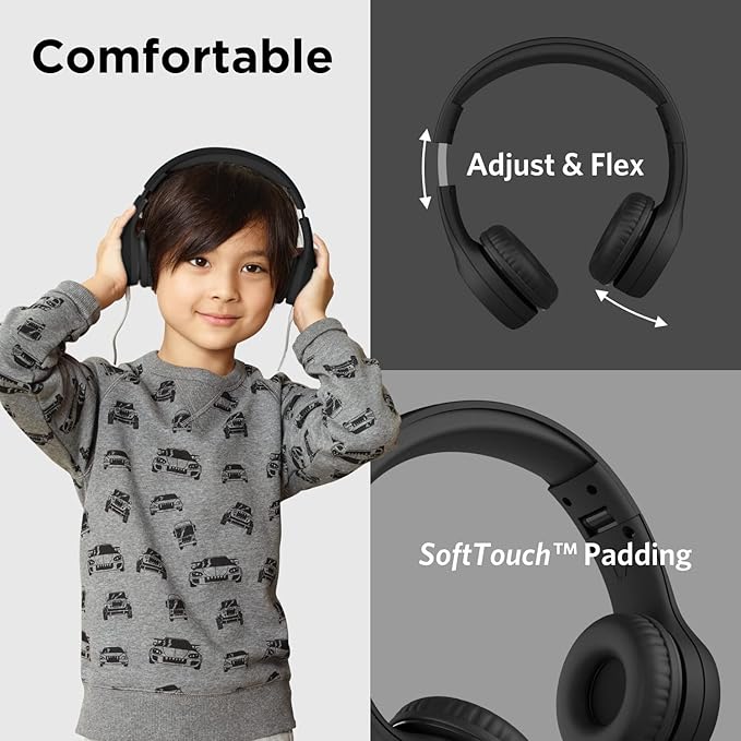 LilGadgets Connect+ Style On-Ear Kids Headphones with Microphone - SharePort Technology, SoftTouch Padding, Detachable Cable, Noise Reduction, Durable & Adjustable - Black - Wired Headphones with Mic