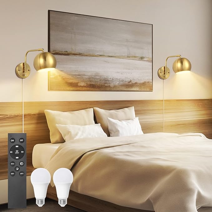 Wall Sconce with Remote Control, Plug in Wall Sconces Dimming 0-100% and Adjustable Color Temperature 2700K-6000K, Brushed Brass Globe Swing Arm Wall Lights with Plug in Cord(2 Pack, 2 Bulbs)