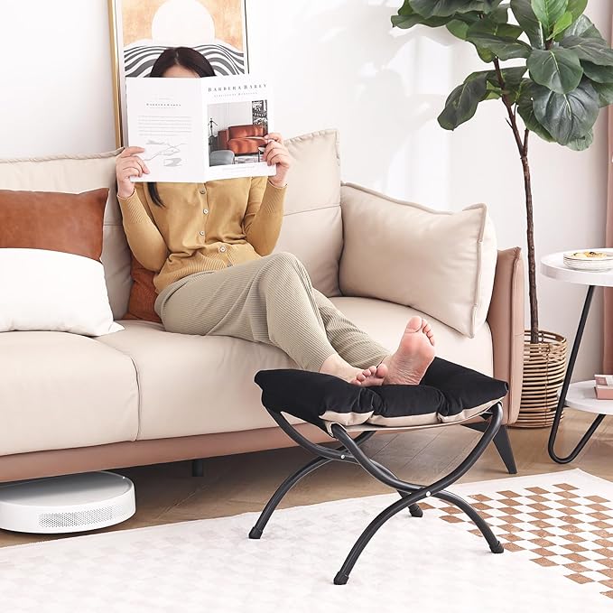 LITA 2 Pcs Folding Upholstered Footrest Stool, Modern Small Portable Accent Ottoman with Detachable Thick Cotton Cushion, Padded Sofa Stool with Metal Frame, Living Room & Bedroom,Velvet Black