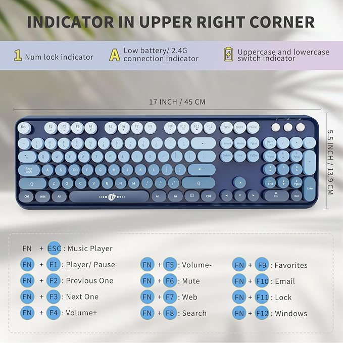 Wireless Keyboard Mouse Combo,104 Round Keys Cute Colorful Keyboard with Retro Typewriter Style,Letton Full Size Keyboard with Number Pad&Mouse with 3 DPI for PC Mac Laptop Computer Windows-Blue