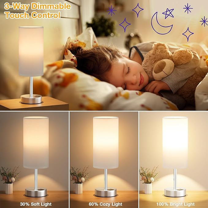 White Touch Bedside Lamp with USB - 3 Way Dimmable Table Lamp for Bedroom, Nightstand Lamp with Nickel Charging Station and Silver LampHolder for Dorm Kids Room, Small