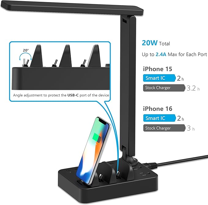 Drevet LED Desk Lamp with Charging Station, Desk Light with 3 USB C Chargers and 2 AC Power Outlets, 3 Lighting Mode, 3 Level Brightness,1H Timer, Touch Control, Eye-Caring Home Office Foldable Lamp
