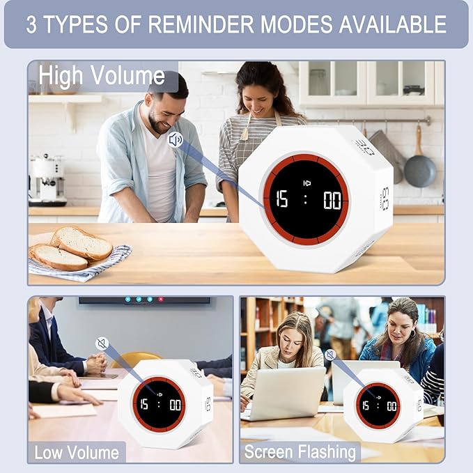 GuDoQi Digital Productivity Timer, Octagon Rotating Pomodoro Timers with Gravity-sensor, 1-3-5-15-30-60-90 Min Countdown, Portable Adjustable Sound Alert Multi Desk Timer or Study Task, Kitchen, White