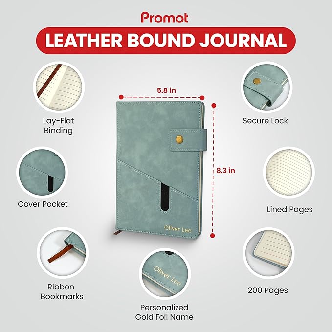 Promot Personalized Notebook - A5 Lined Leather Bound Journal for Writing Women Men - Hardcover Executive Notebook, Daily Journal, Travel Diary, Gift Idea, Custom Embossed Text with Gold Metallic Foil