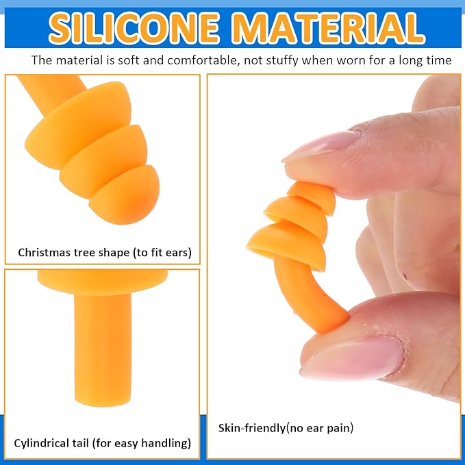 Xuhal 200 Pairs Corded Ear Plugs Waterproof Silicone Corded Earplugs Bulk Reusable Noise Cancelling and Hearing Protection for Sleeping Snoring Swimming Shooting Study Construction