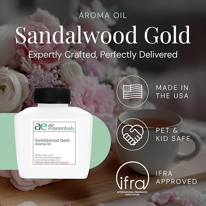 Sandalwood Gold Aroma Oil, Essential Oils Blend for Diffusers & Scent Machines, Sweet Afternoon Tea, Vanilla & Rose, Aromatherapy, Cold Air Diffuser Compatible, 300 mL