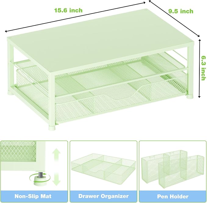 Desk Organizers and Accessories, 2-Tier Computer Monitor Stand Riser with Drawer and 2 Pen Holders, Laptop Stand, Office Desk Accessories for Office Supplies, Green