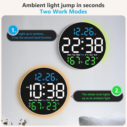 Digital Wall Clock, 10 inch Large LED Display Digital Clock with RGB Light, Remote Control, Auto-Brightness Dimmer with Night Lights, 2 Alarm, Silent Wall Clock Show Date Week DST Temp