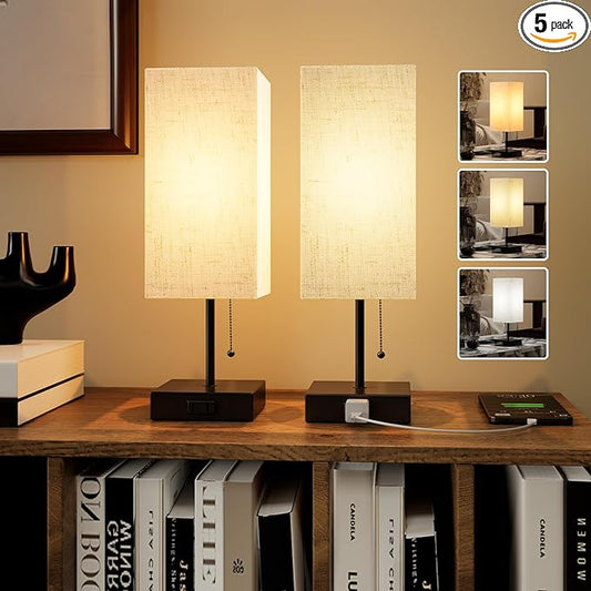 Table Lamp for Bedroom,Nightstand Lamp for Bedside with AC Outlets,Adjustable 3color LED Light Desk Lamp for Home Decor,Included Bulb and Lamp Shade (Linen White-onlyAC, 2PCS)