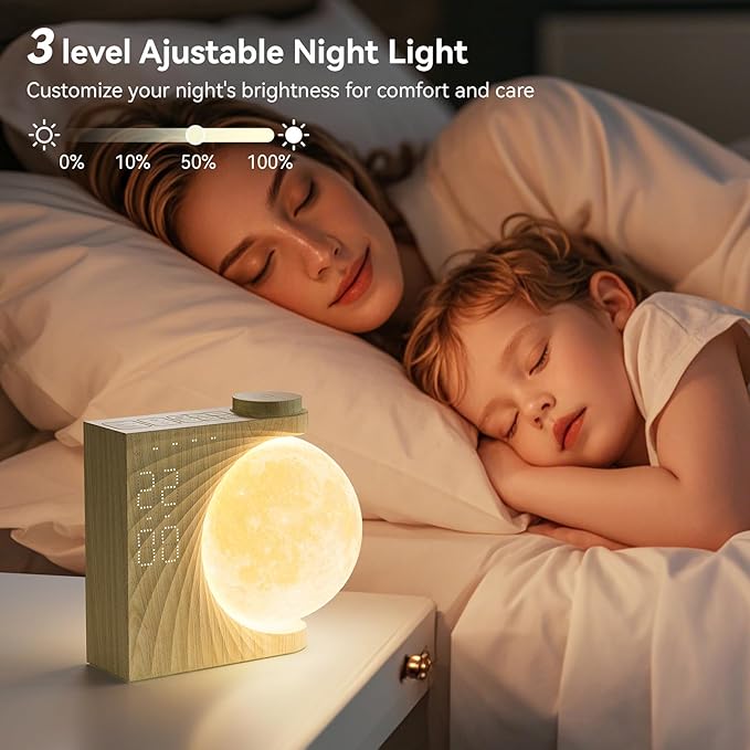 Rotating Moonlight Alarm Clock for Heavy Sleepers - Sunrise Simulation Wake-Up Light, Snooze, 10 Light Effects, 30/60/90 Timer, 10 Nature Sounds & 15 Ringtones,12 Volume- Bedroom Lamp for Kids Adults