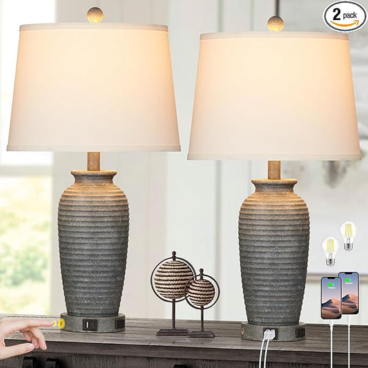 25" Farmhouse Jar Table Lamps Set of 2, 3 Way Touch Control Rustic Bedside Lamps with USB A+C Ports & AC Outlet, Pot Nightstand Lamps for Bedroom Living Room (LED Bulbs Included)