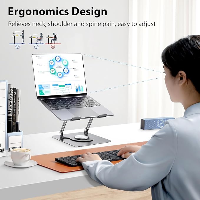 Laptop Stand, Adjustable Metal Computer Stand with 360ยฐ Rotating Base, Ergonomic Foldable Laptop Riser for Desk, Portable Laptop Stand Mount for All 10-16" Laptops and Notebooks, Space Gray