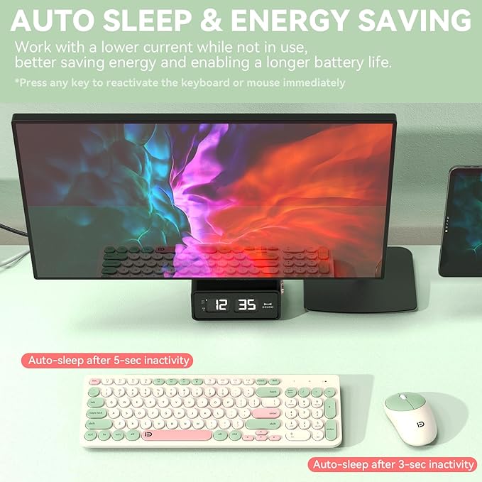 Wireless Keyboards Mouse Combos, Colorful Quiet Keyboard Cute Typewriter Full-Size Retro Round Keycaps, 2.4GHz Sleep Mode Office Wireless Keyboard and Mouse Set for Desktop Laptop PC Computer