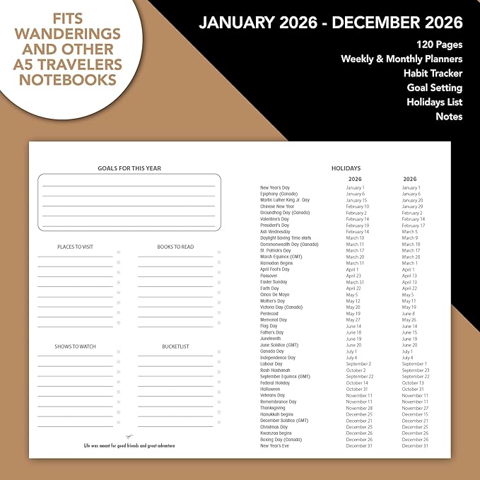 Wanderings A5 Traveler's Notebook Calendar Refill Inserts - 8 1/4 x 5 5/8 (21cm x 14.2cm) - January - December 2026 - A5 Calendar Planner Refills For Leather Travel Journals, Diaries and Planners