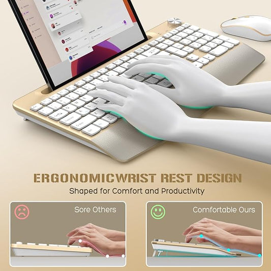JOYACCESS Ergonomic Wireless Keyboard and Mouse Combo, Full-Sized Keyboard with Wrist Rest and Tablet Holder, Volume Roller for Computer PC Laptop-Gold&White