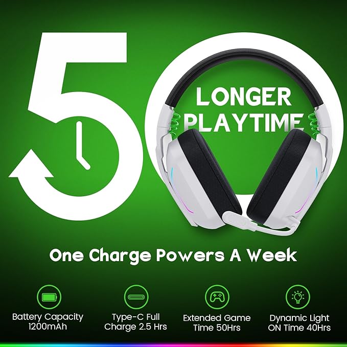 Wireless Gaming Headsets for PC, PS5, PS4, Switch, Mac, 2.4GHz Wireless Gaming Headphone for Game Boy Accessories, ENC Noise Canceling Microphone, Bluetooth 5.4, Cool Lighting, 50H Battery