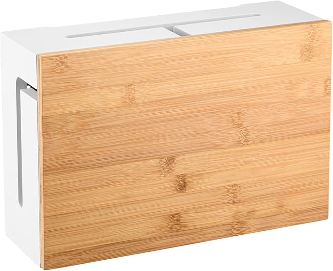 Bamboo Cable Management Box with Magnetic Lid & Ties - Elegant, Durable Cable Organizer to Hide Cords & Power Strip - Wall Mountable Box Hider for Home, Office, Desk & More (White)